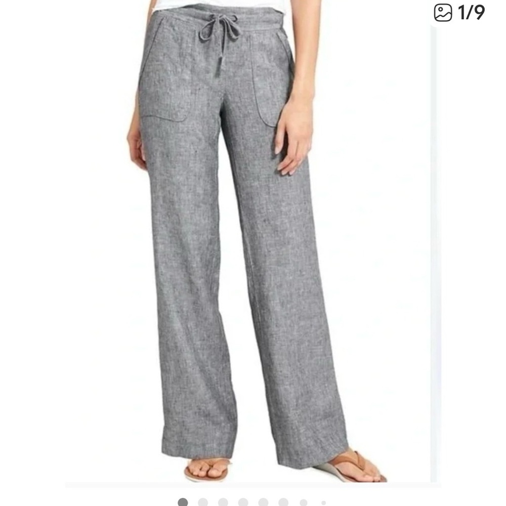 Athleta Pants Womens Size 8 Gray Linen Blend Wide Leg Drawstring Pockets Coastal